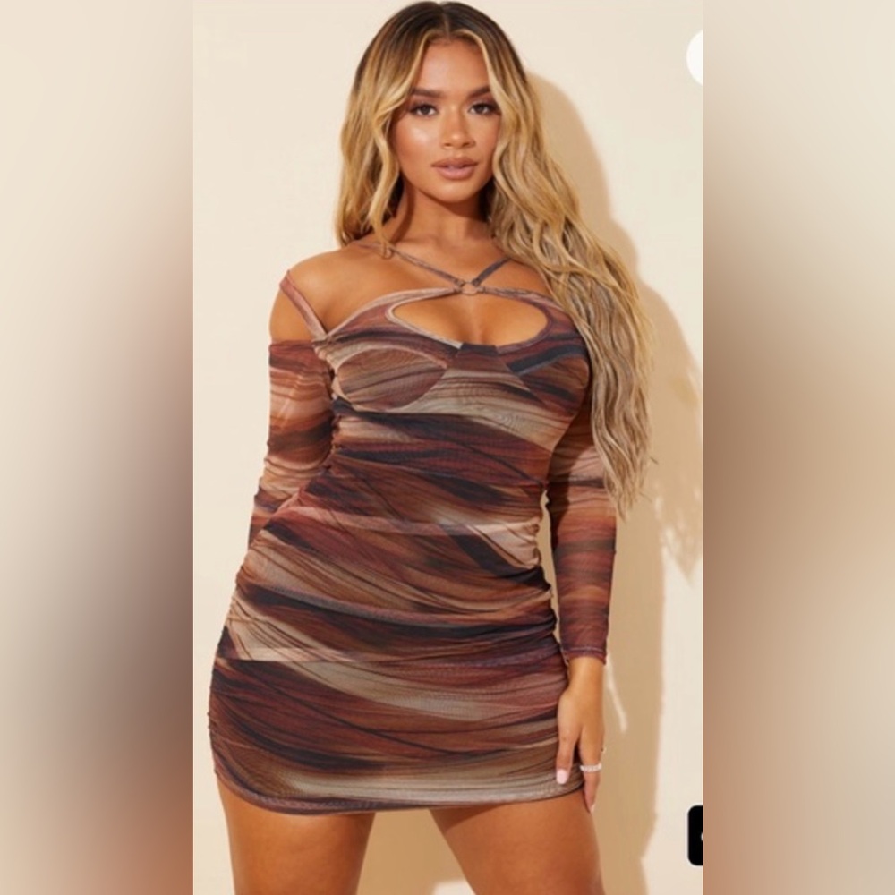 Ruched Cutout Bodycon Dress in Brown Multi